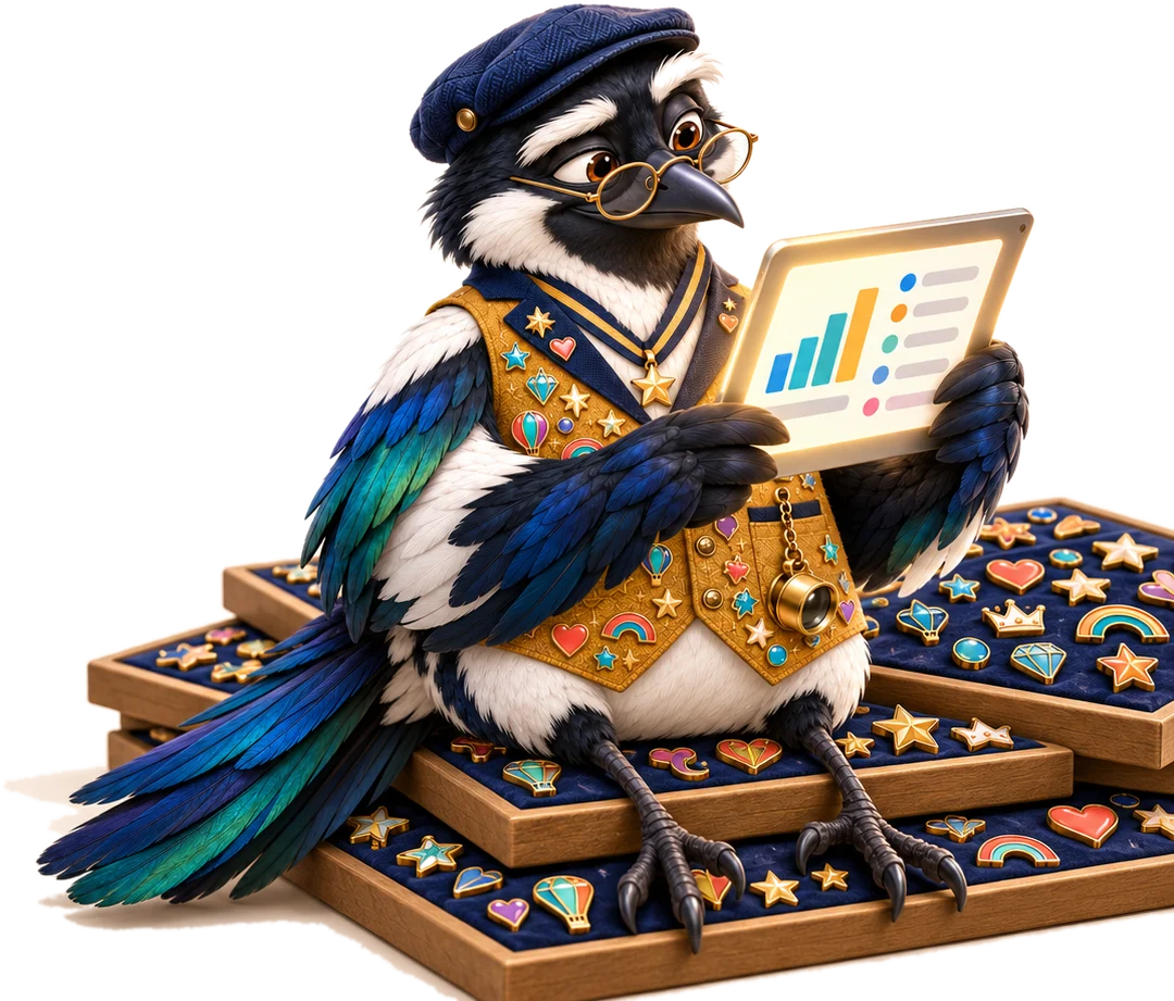 Snag the magpie reading a Snagworth report on a stack of pin boards